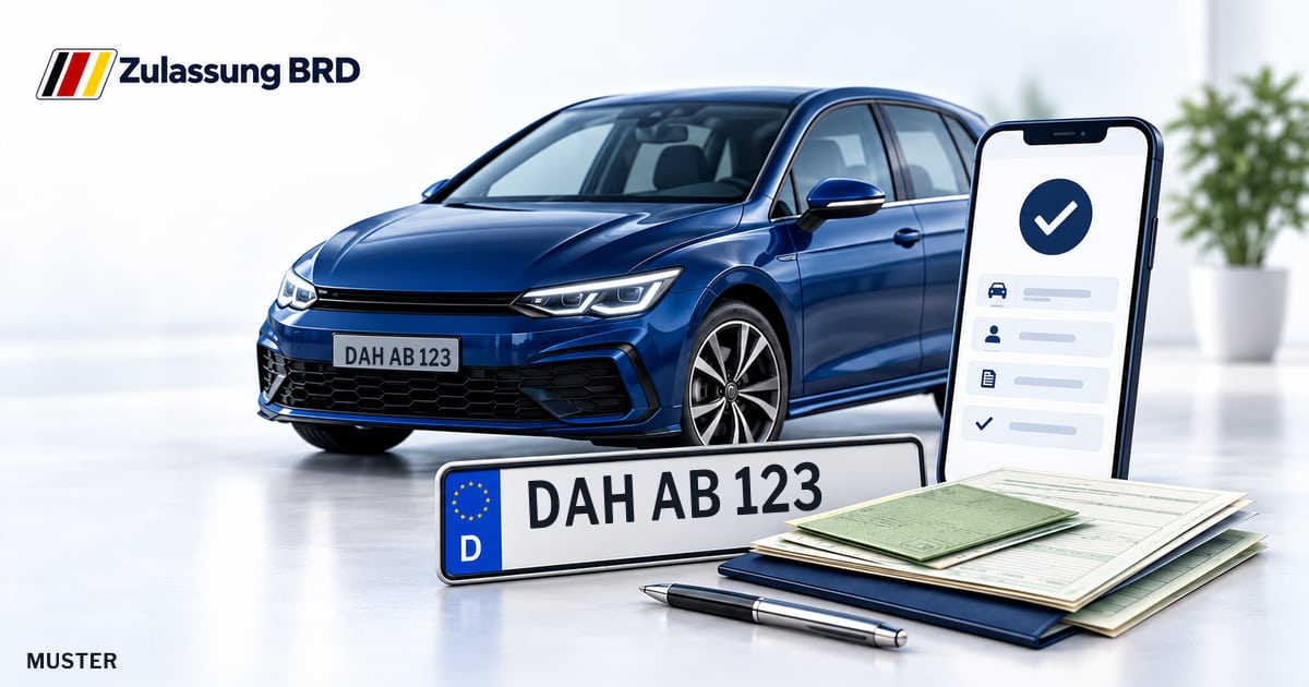 Online Fahrzeugzulassung in Karlsfeld: Musterkennzeichen DAH AB 123, Auto und Fahrzeugpapiere und Smartphone. Illustration mit Logo von Zulassung BRD.